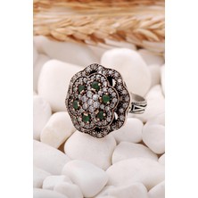 Sümer Telkari Kök Zümrüt Taşlı Çiçek Elişi Gümüş Yüzük 144