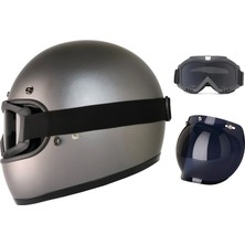 Motoanl Motosiklet Retro Kask Harley Cafe Racer Vespa Modüler ve Anti Uv Gözlüklü Motor Kaskı Gray