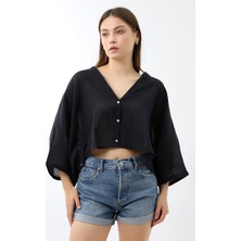 Lavinza Keten Oversize Crop Kesim Gömlek