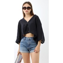 Lavinza Keten Oversize Crop Kesim Gömlek