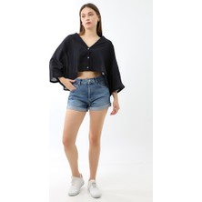 Lavinza Keten Oversize Crop Kesim Gömlek