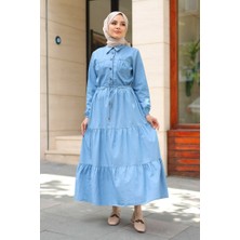 Pamuk Butik Kadın Cepli Büzgü Detaylı Kot Elbise