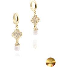 18K Serie Oro Sallantılı Hakiki Incili Yonca Gümüş Küpe