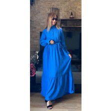 Çilek Dokuma Kemerli Kol Büzgü Detaylı Gömlek Yaka Elbise