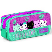Coral High Pembe Su Yeşili Kedi Desenli Simli Iki Bölmeli Kalem Çantası
