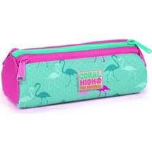 Coral High Su Yeşili Neon Pembe Flamingo Desenli Üç Bölmeli Kalem Çantası