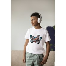 Bubuga Erkek Çocuk Pamuk Racer Motorsiklet Baskılı Kısa Kol Tshirt
