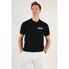 Koflandy Yakası Düğmeli Yakalı Pike Baskılı T-Shirt - Siyah