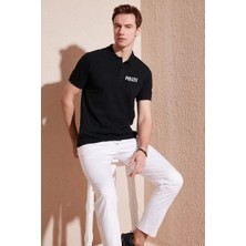 Koflandy Yakası Düğmeli Yakalı Pike Baskılı T-Shirt - Siyah