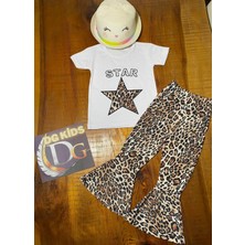 DG Fashion Yıldızlı Beyaz Tshirt ve Ispanyol Paça Leopar Tayt Takım