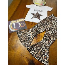 DG Fashion Yıldızlı Beyaz Tshirt ve Ispanyol Paça Leopar Tayt Takım