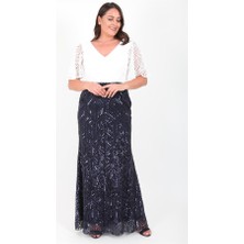 Ladies First Büyük Beden 3204 Lacivert Beyaz Uzun Abiye Elbise