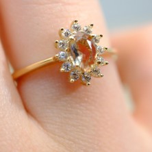Fasek Gold Oval Kesim Zultanit Yan Zirkon Taşlı Modern 925 Ayar Gümüş Kadın Tektaş Yüzük Günlük-Hediyelik