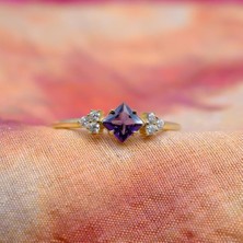 Fasek Gold Gümüş Yüzük - Ametist Taşlı Alyans Yüzük-0.40 Karat Topaz Evlilik Teklifi 925 Ayar Kadın Gümüş Yüzük