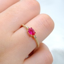 Fasek Gold Tria Altın Yüzük - 14 Ayar Altın Oval Yakut Taşı Tria Minimal Kadın Yüzük - Minimal Altın Yüzük