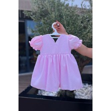 Krep Kabartma Desenli Yazlık Kız Çocuk Bebek Pembe Elbise