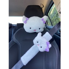 2'Li Set Hello Kitty Kedi Araba Boyun Yastığı Ve Emniyet Kemeri Peluş Kılıf Seti (2 Yastık Ve 2 Kılıf)