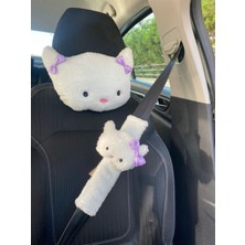 2'Li Set Hello Kitty Kedi Araba Boyun Yastığı Ve Emniyet Kemeri Peluş Kılıf Seti (2 Yastık Ve 2 Kılıf)