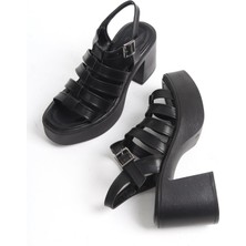 Modabuymus Zercok Siyah Çok Bantlı Yüksek Sandalet Platform Topuklu Günlük Ayakkabı