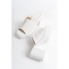 Modabuymus Arhez Beyaz Tek Bant Kalın Platform Topuklu Günlük Terlik