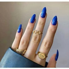 Trend Vitrin Lacivert Mavi Desenli Nail Art Oval Badem Kadın Takma Tırnak Protez Tırnak Set Yapıştırıcı Ve 1 Adet Törpü Hediyeli