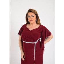 Lilas Xxl Büyük Beden Bordo Renkli Şifon Uzun Abiye Elbise