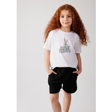 Mavi Kız Çocuk Bugs Bunny Baskılı Tişört-Beyaz