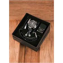 Wess Collection Su Geçirmez Erkek Kol Saati Siyah Çakmak Tesbih ve Bileklik Seti Modern Tasarım