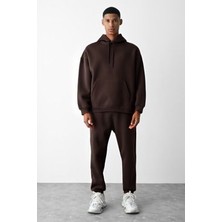 CMZ Collection Erkek Kalın Kışlık 3 Iplik Kahve Eşofman Takımı