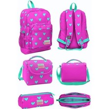 Coral High Neon Pembe Su Yeşili Kalp Desenli Dört Bölmeli Okul Sırt Çantası Beslenme Çantası Kalem Çantası