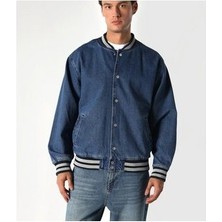 Karaca Giyim Kopya - Erkek Oversize Kolej Model Bomber Yaka Desen Denim Fıt Çıtçıtlı Kot Mont