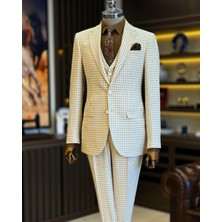 İtalyan stil slim fit kazayağı desenli ceket yelek pantolon takım elbise bej T12789