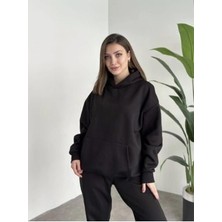 Okulcu Baba Kadın Kapşonlu Sweatshirt ve Paçası Lastikli Üç Iplik Polarlı Oversize Siyah Eşofman Takımı