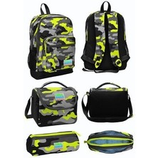 Coral High Siyah Gri Kamuflaj Desenli Dört Bölmeli Okul Sırt Çantası Beslenme Çantası Kalem Çantası