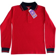 Polo Yaka Tişört Çocuk Uzun Kol Siyah Çizgi Yaka Kırmızı  Okul Tişört/t-Shirt