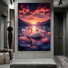 Emilart Modern Gün Batımında Lotus ve Kuğu Manzarası Kanvas Tablo