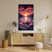Emilart Modern Gün Batımında Lotus ve Kuğu Manzarası Kanvas Tablo