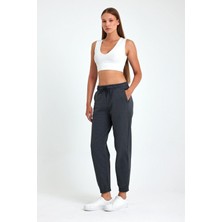 Mmetalic Kadın Antrasit Pamuklu Kalın Paçası Lastikli Yüksek Bel Rahat Jogger Eşofman Altı