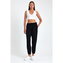 Mmetalic Kadın Siyah Pamuklu Kalın Paçası Lastikli Yüksek Bel Rahat Jogger Eşofman Altı