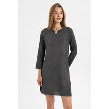 Deriderim Gri Işlemeli Uzun Kollu Astarsız Pamuklu Kısa Elbise