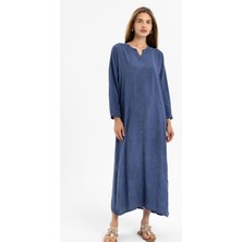 Deriderim Mavi Işlemeli Uzun Kollu Astarsız Pamuklu Uzun Elbise