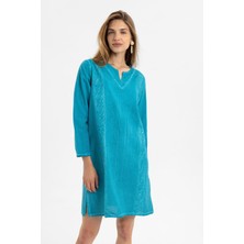 Cangurione Deriderim Turkuaz Işlemeli Uzun Kollu Astarsız Pamuklu Kısa Elbise