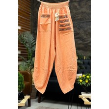 Paça V Kesim Cepleri Nakışlı Keten Pantolon