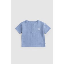 Little Gusto Organik Pamuk Müslin Bebek Düğmeli Mavi Tişört