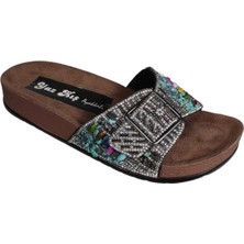 Yazkış Kadın Siyah Platin Tek Tokalı Taşlı Mantar Taban Terlik