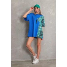 Adisia Bisiklet Yaka Baskılı Oversize T-Shirt - Mavi