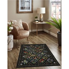 Rugs Modern Halı Çiçek Kare Desen Siyah Dokuma Taban Dijital Baskılı Halı Mira 1436