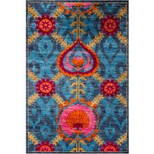 Rugs Modern Suzani Ikat Desen Fuşya Turuncu Mavi Desenli Dekoratif Halı 1719