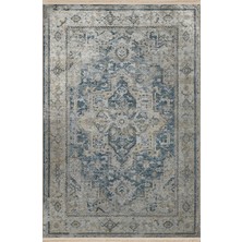 Rugs Modern Gri Mavi Temalı Geleneksel Motif Desenli Saçaklı Vintage Dekoratif Halı 3152
