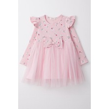 Breeze Kız Çocuk Uzun Kollu Elbise Çiçekli Fiyonklu Tüllü 1.5-5 Yaş, Pembe